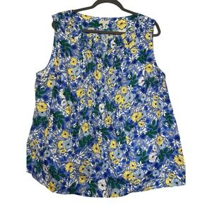 Talbots Woman Size 3XL Blue Yellow Floral Sleeveless Top V Neck Cinched Front